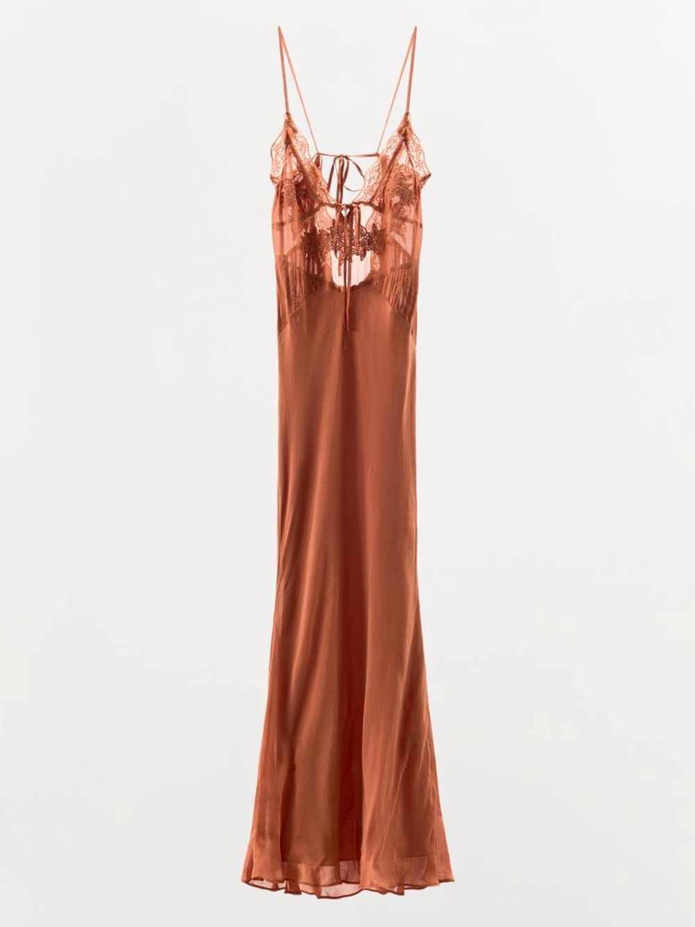 Zara Lace Trim Satin Midi Slip Dress Open Back Rust Boho NWT M - Picture 9 of 10